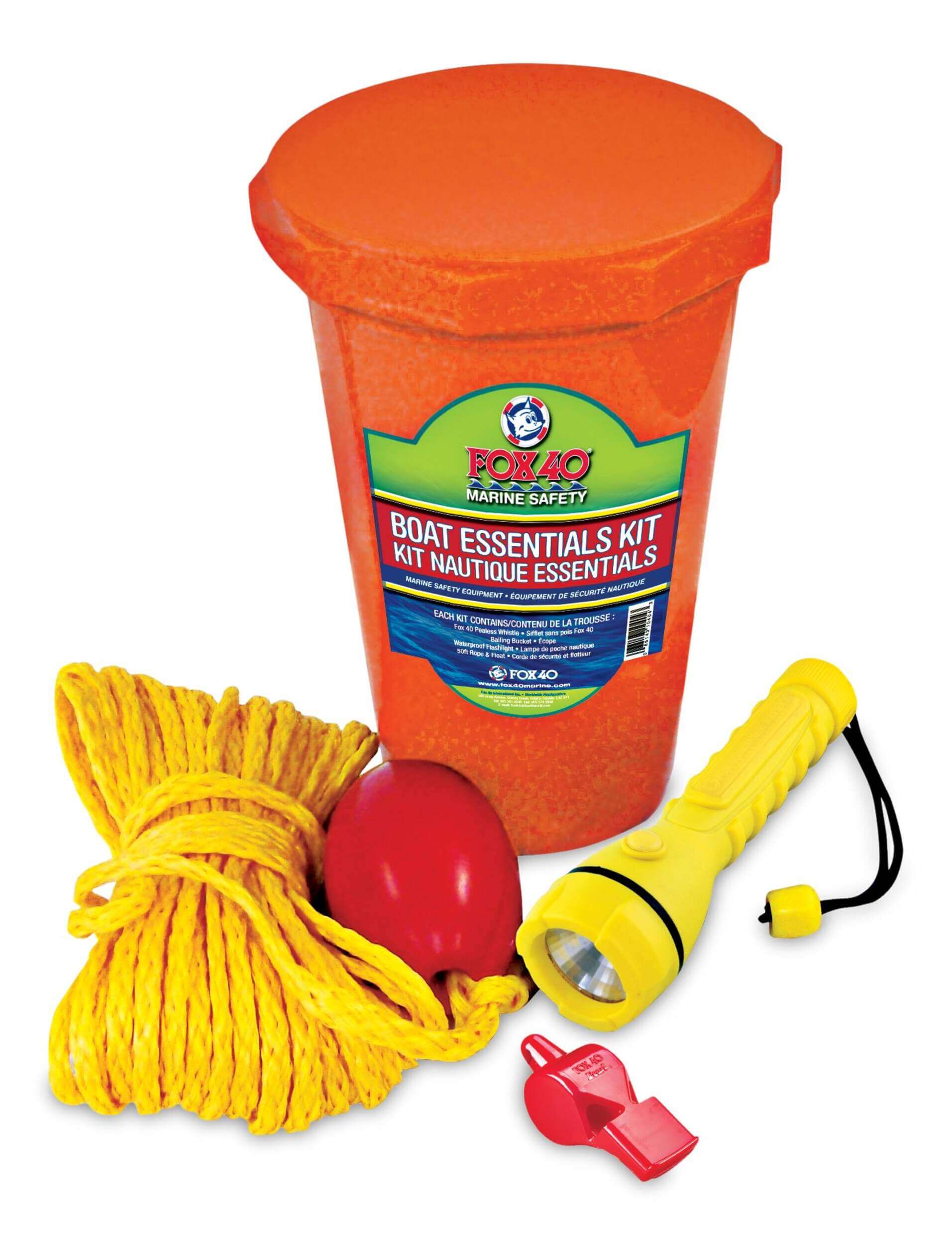 Fox 40 Boat Essentials Kit with orange container, yellow rope, red buoy, and flashlight on a white background