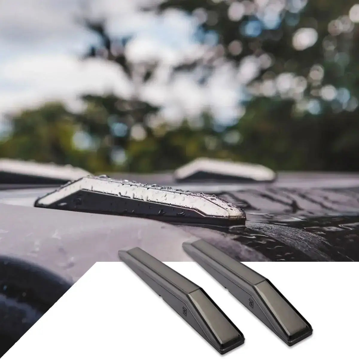 Car roof rack system with a blurred outdoor background