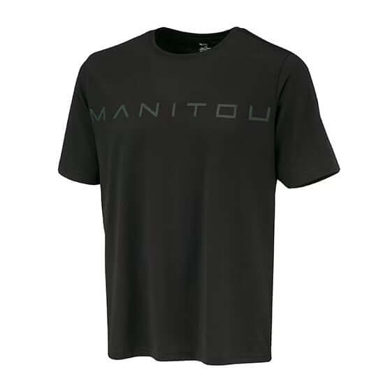 Black t-shirt with 'Manitou' logo on a white background