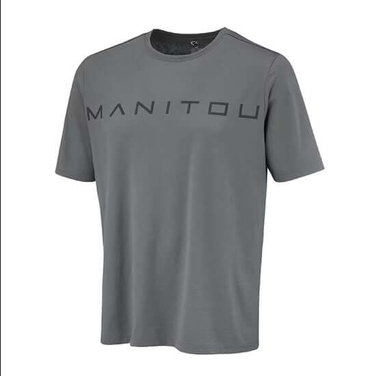 Gray t-shirt with 'Manitou' logo on a white background
