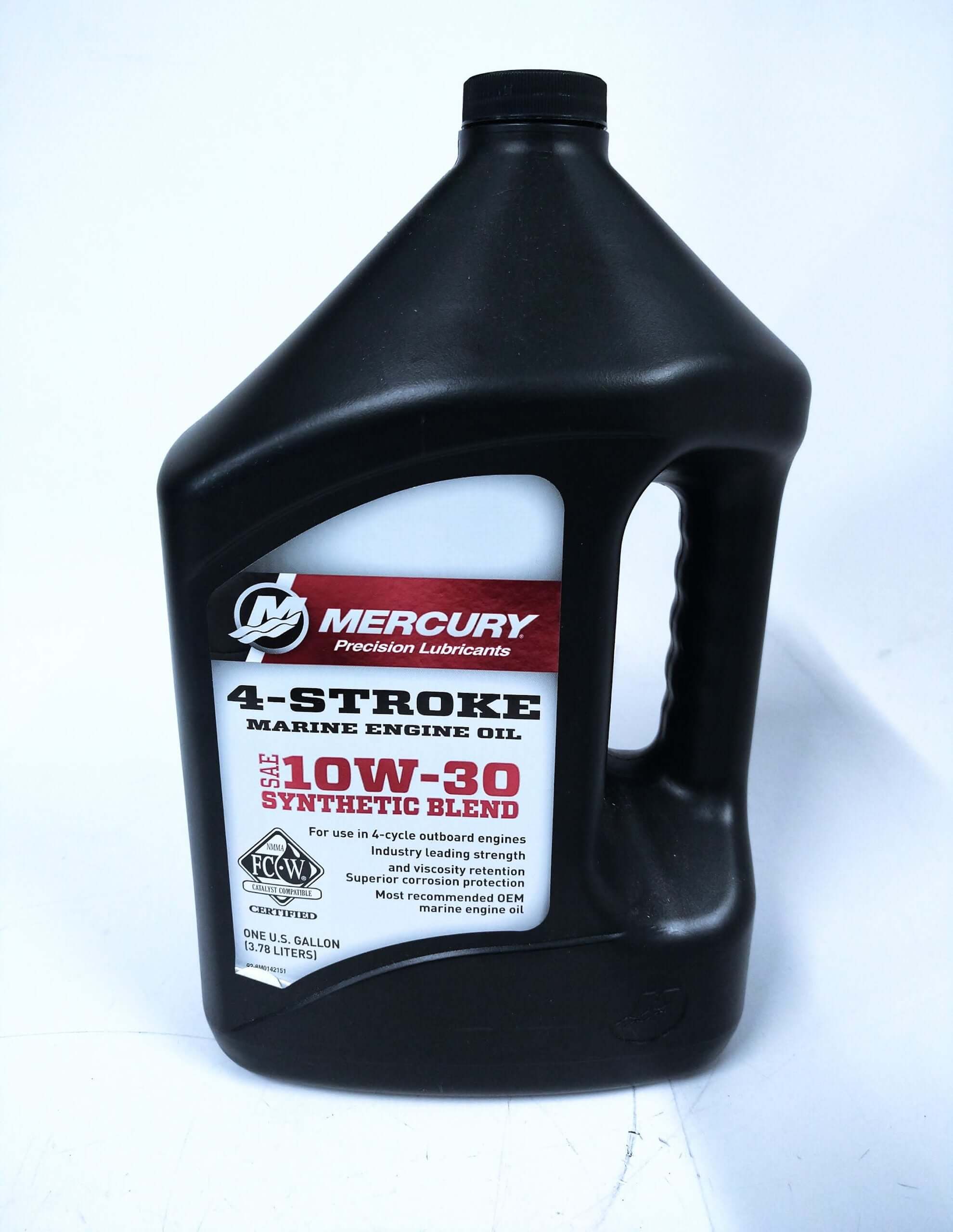 Black bottle of Mercury marine engine oil on a white background
