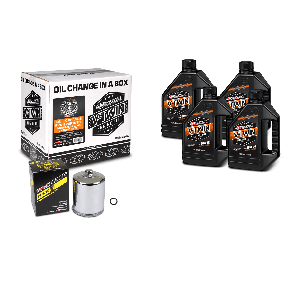 Oil change kit with packaging, oil bottles, filter, and other components on a black background