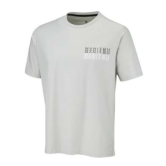 Gray t-shirt with "MANITOU" black text on a white background
