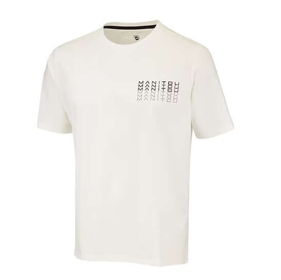 White t-shirt with 'MANITOU' black text on a white background