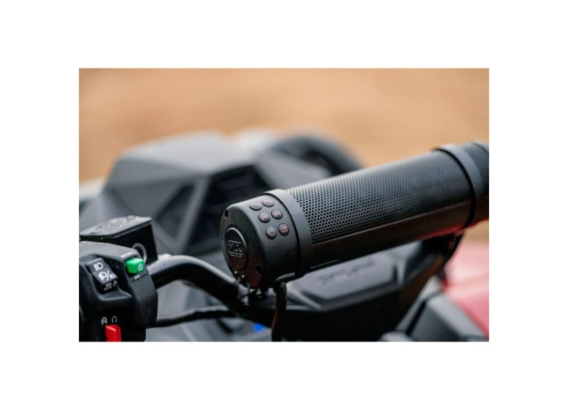 Can-Am MTX Bluetooth handlebar soundbar mounted on ATV grip close-up