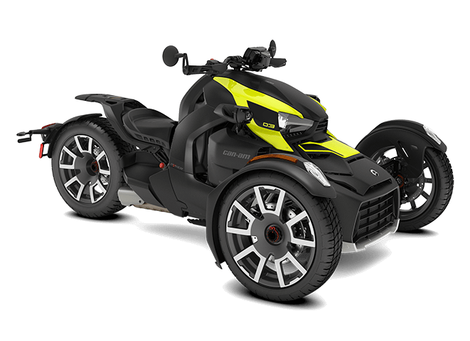 Three-wheeled vehicle with black and yellow design on a transparent background