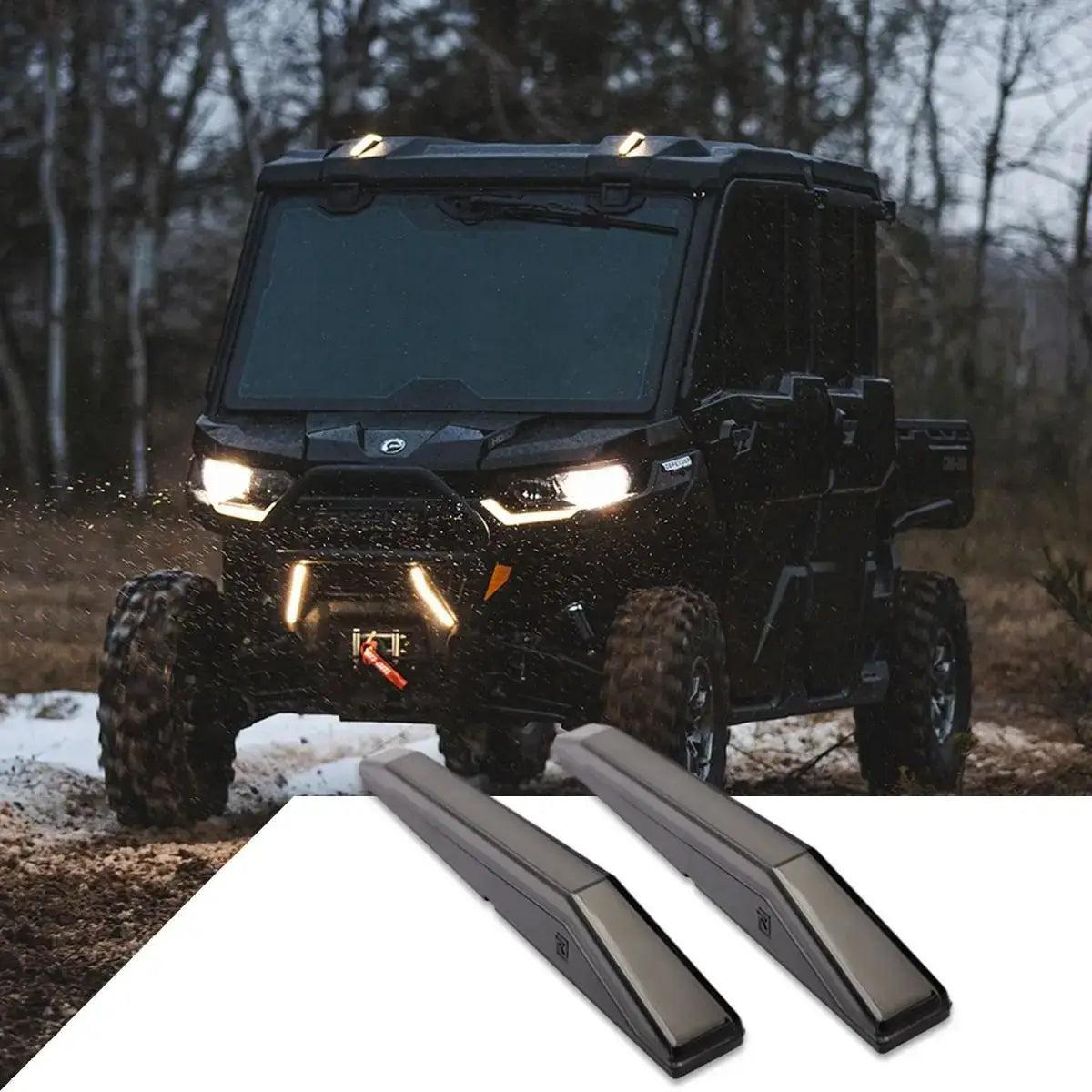 Black off-road vehicle with headlights on, surrounded by trees in a forest setting, with two lighting strips displayed below.