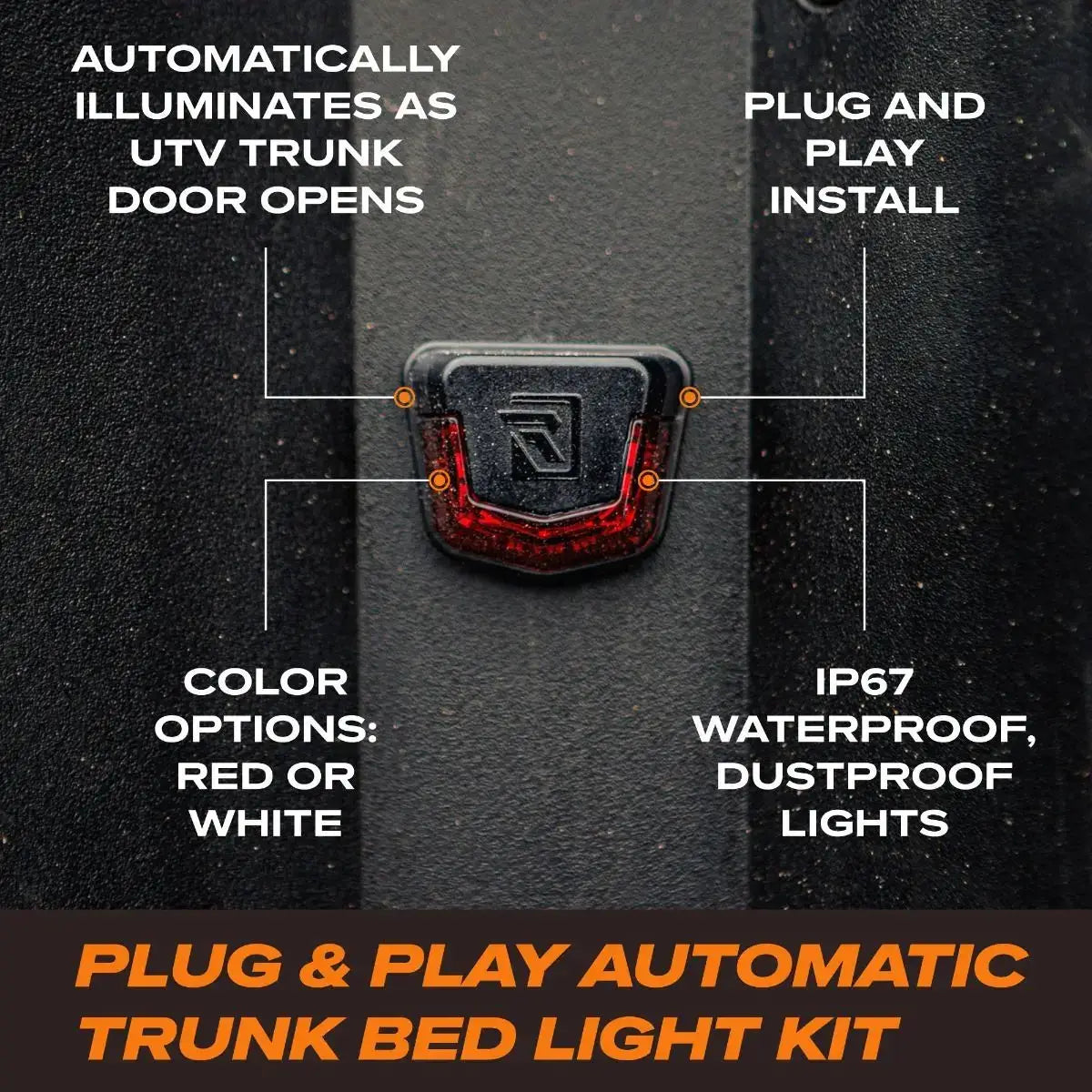 Trunk bed light kit with features highlighted on a dark background