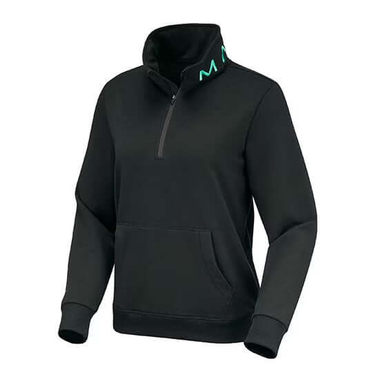 Black half-zip sweatshirt with green logo on a white background