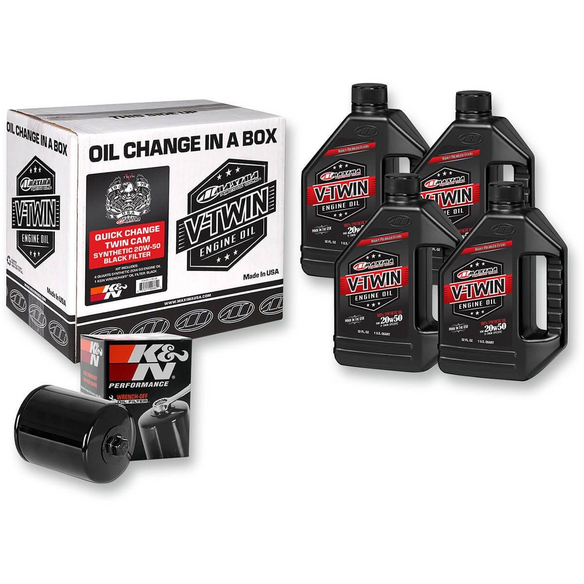Oil change kit with bottles and packaging on a white background