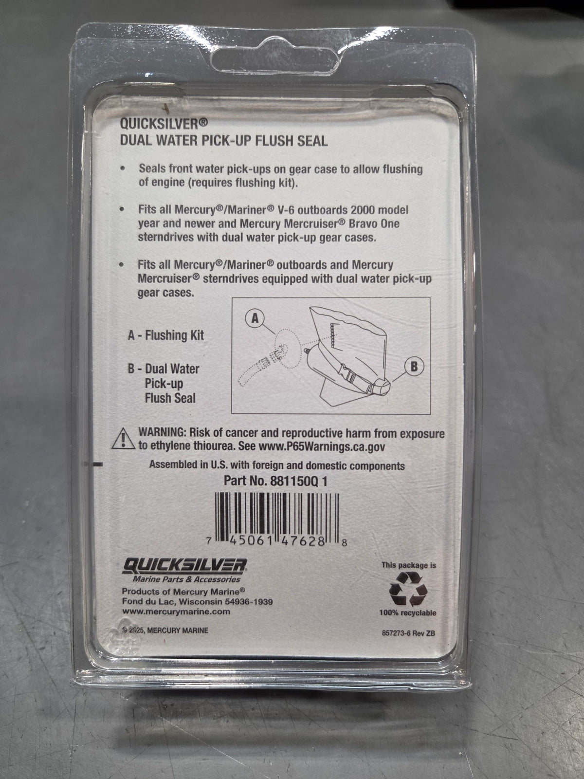 Quicksilver 881150Q1 dual water pickup flush seal package back with fitment and diagram
