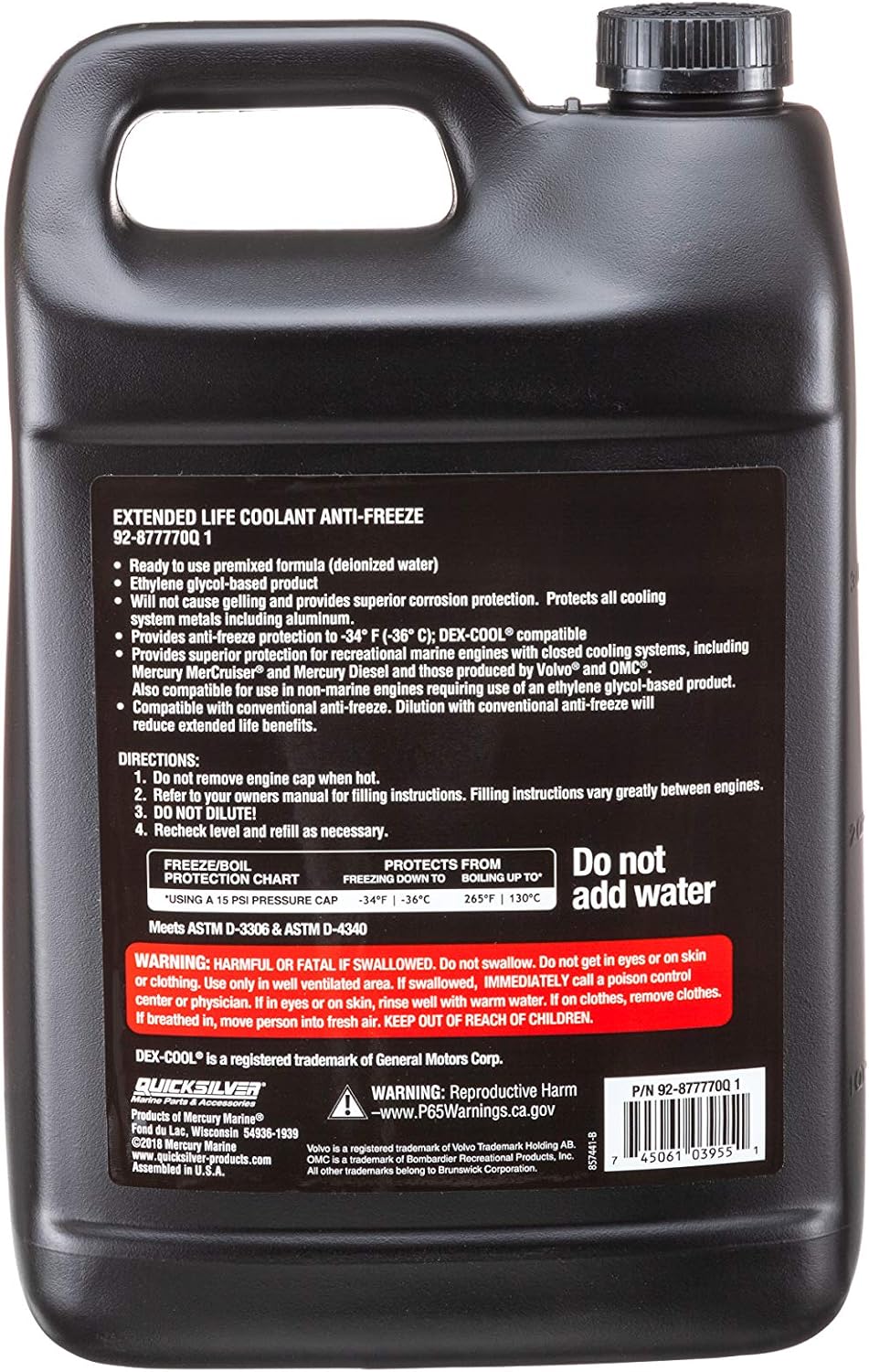 Quicksilver Extended Life Coolant Anti-Freeze back label, 877770Q1