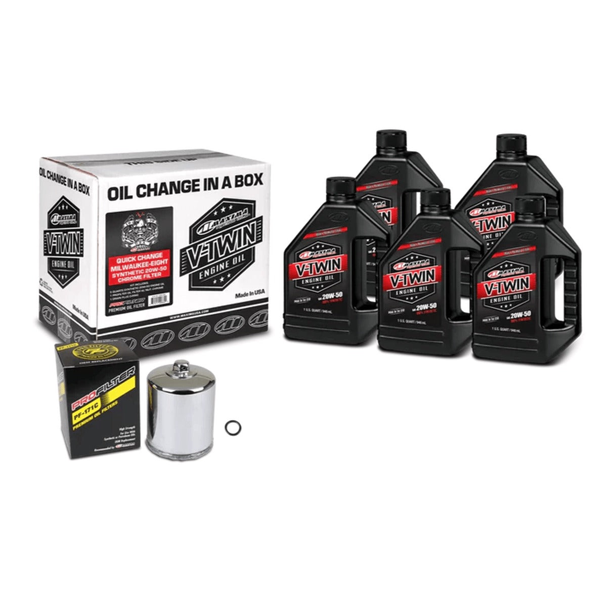 Maxima V-Twin 20W-50 synthetic oil change kit with chrome filter and 5 quart bottles