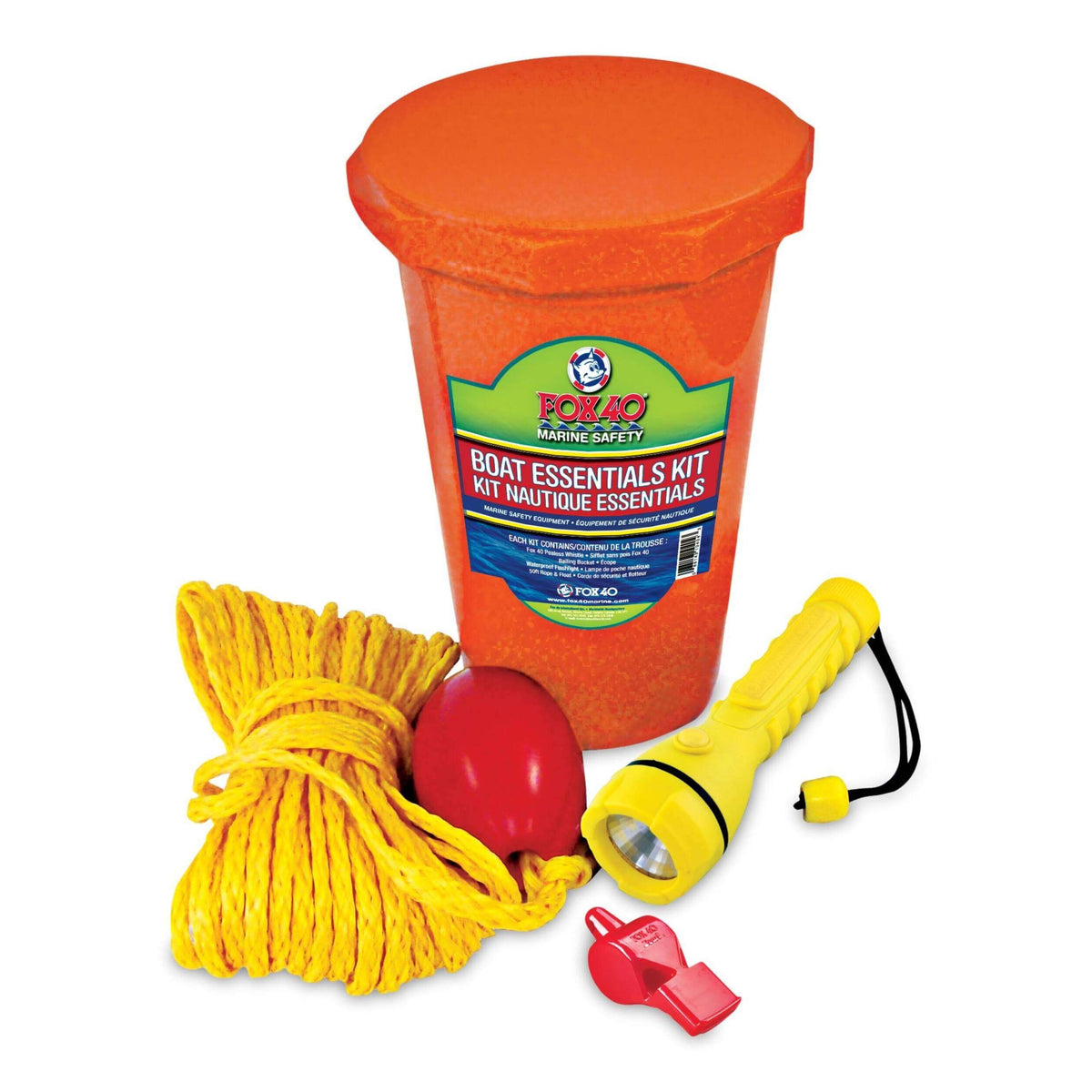 Fox 40 Marine Safety Boat Essentials Kit with bailing bucket rope float whistle and flashlight