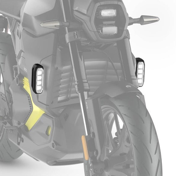 Can-Am Pulse LED fog lights mounted on front forks of Can-Am electric motorcycle