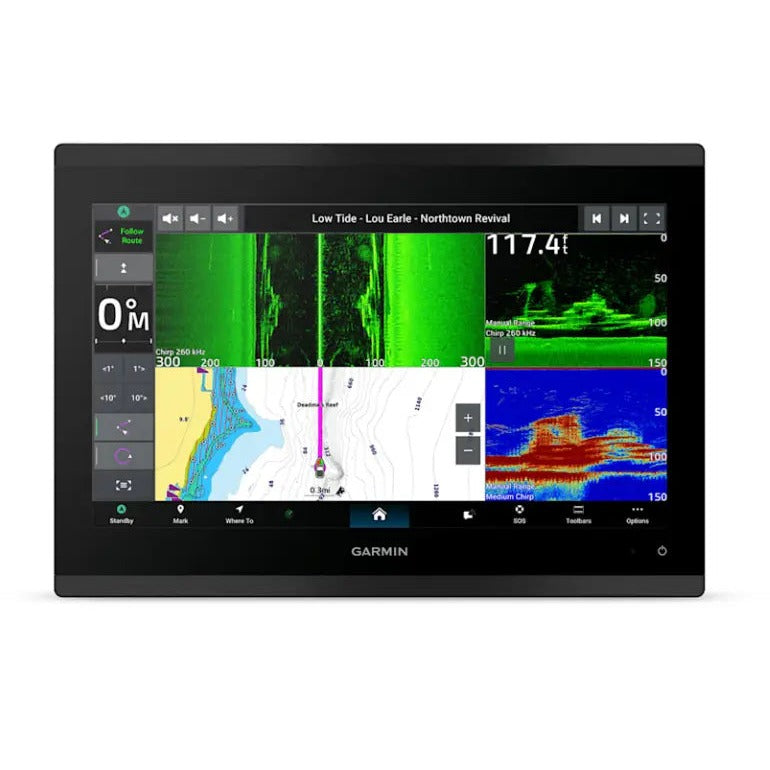 Garmin GPSMAP 9213xsv chartplotter display showing sonar chirp view navigation chart and split screen sonar readings