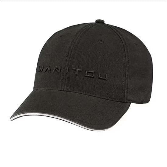Black Manitou baseball cap with tonal embroidered logo and white sandwich brim, side view