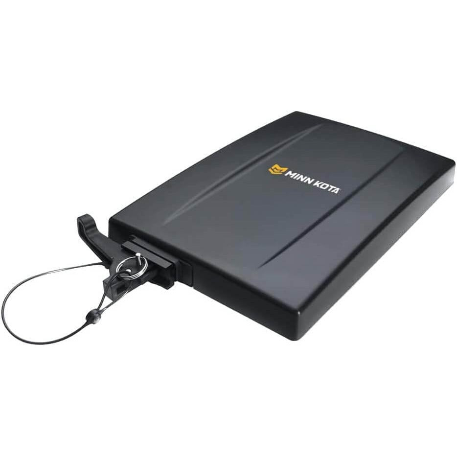 Minn Kota MKA-32 quick release bracket with black cover and cable lock angled view