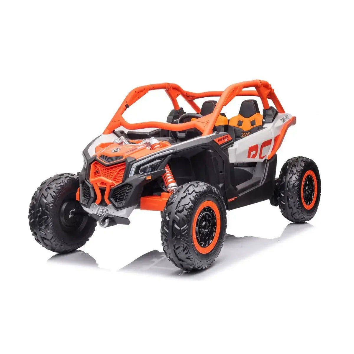 Can-Am Maverick X3 kids ride-on UTV orange 24V 4x4 two-seater toy side-by-side front angle view