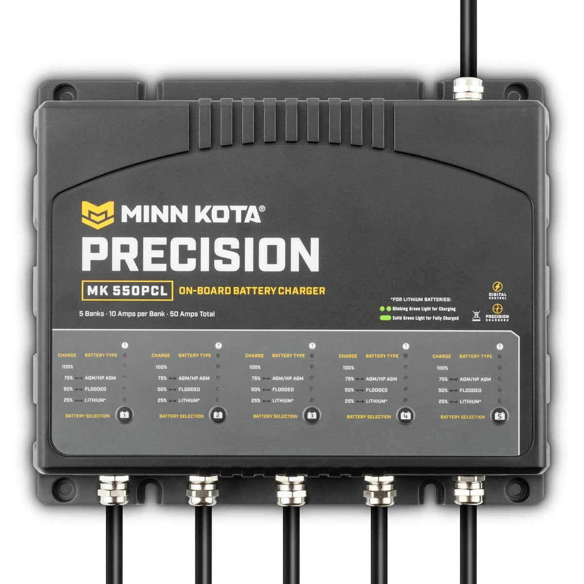 Minn Kota Precision MK 550PCL 5 bank 50 amp on board battery charger front view
