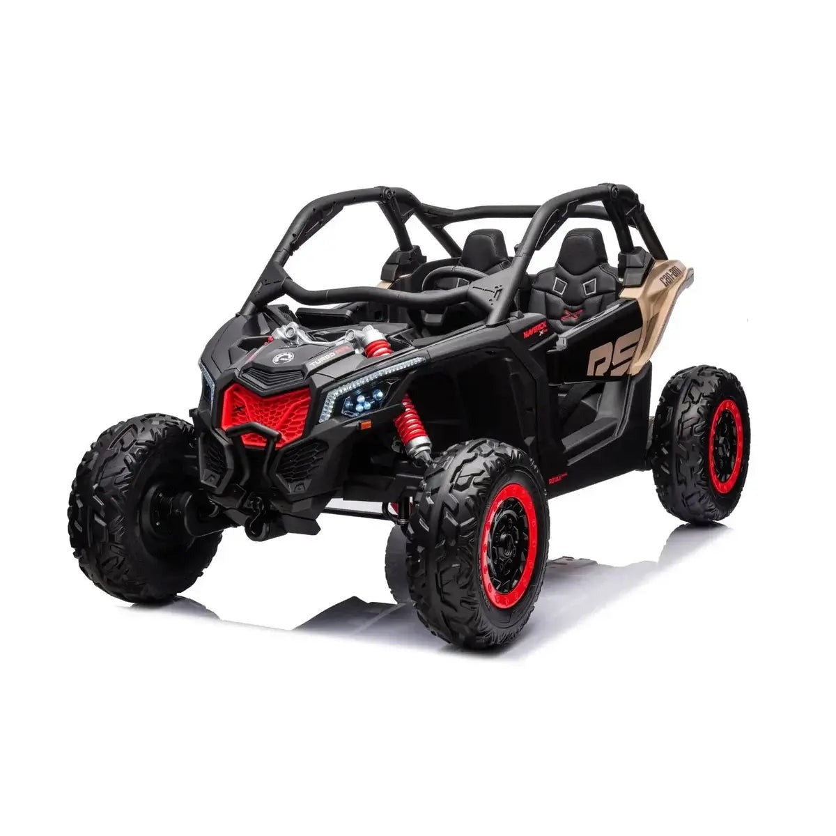 Can-Am Maverick X3 kids 24V ride-on UTV black and khaki front angle view