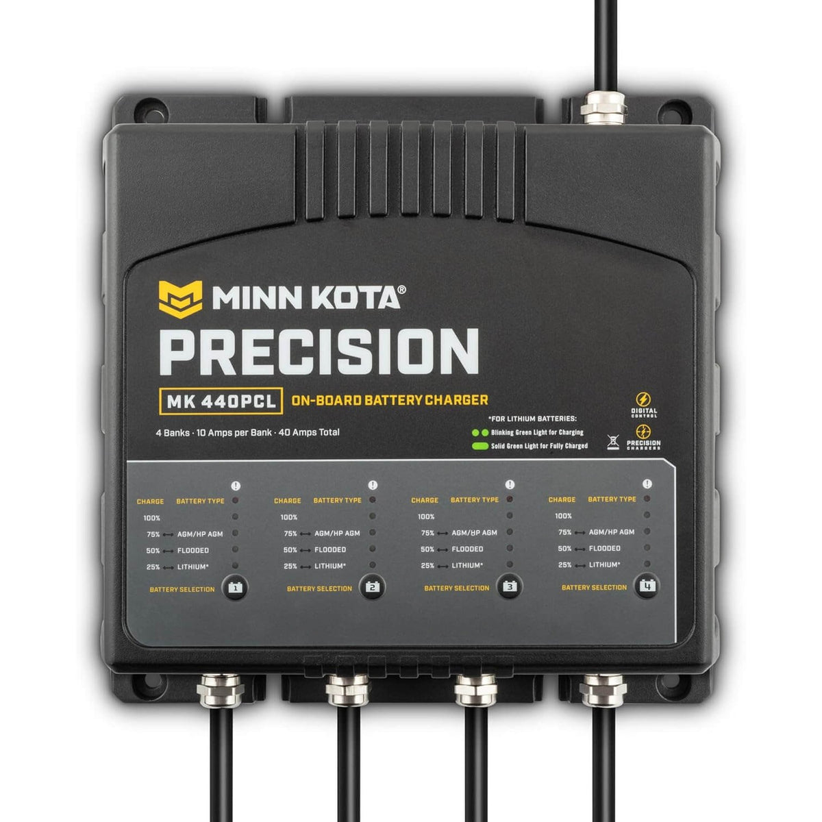 Minn Kota Precision MK 440PCL 4-bank 40A on-board battery charger front view