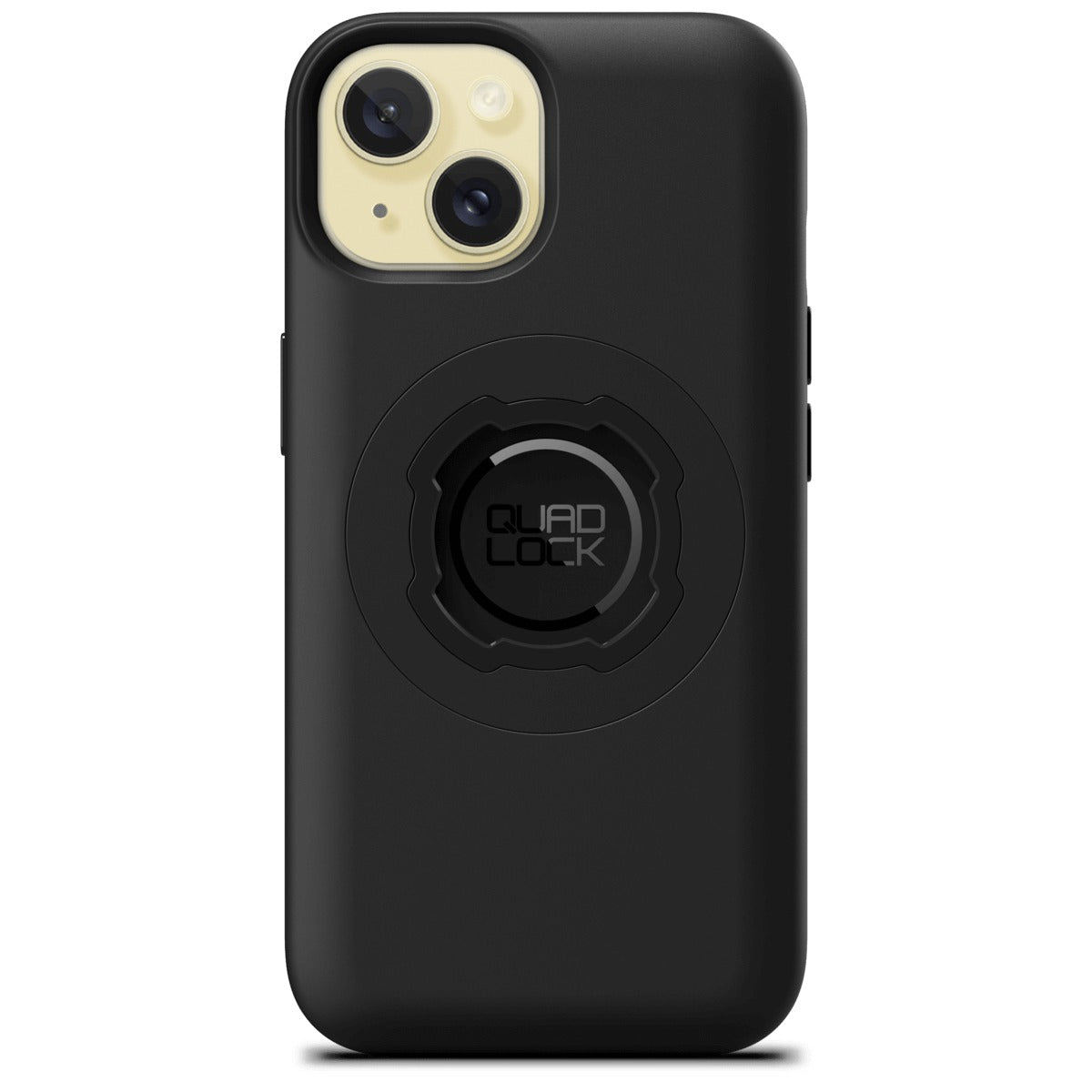 Quad Lock MAG case black iPhone 15 back view with mounting dial