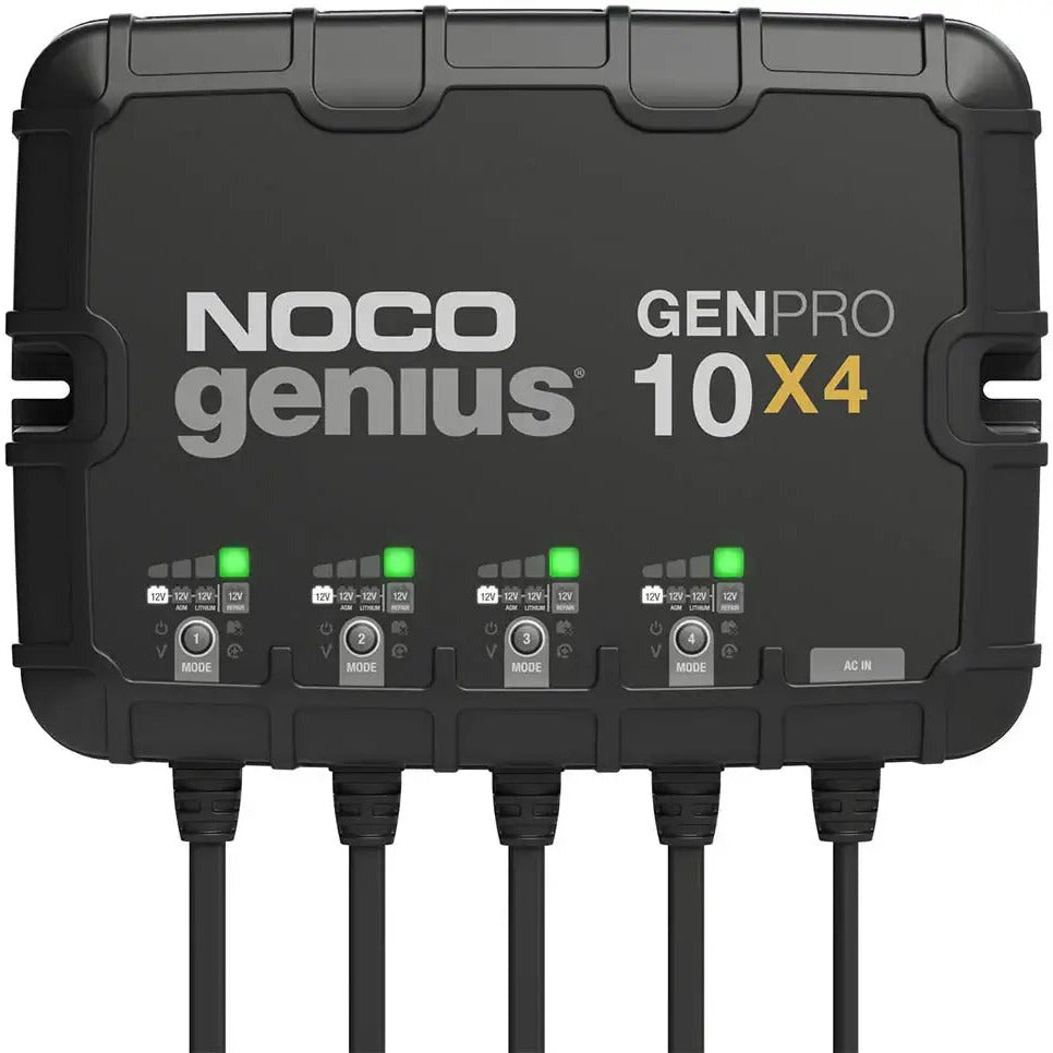NOCO Genius GENPRO10X4 4-bank 40A onboard battery charger front view with mode buttons