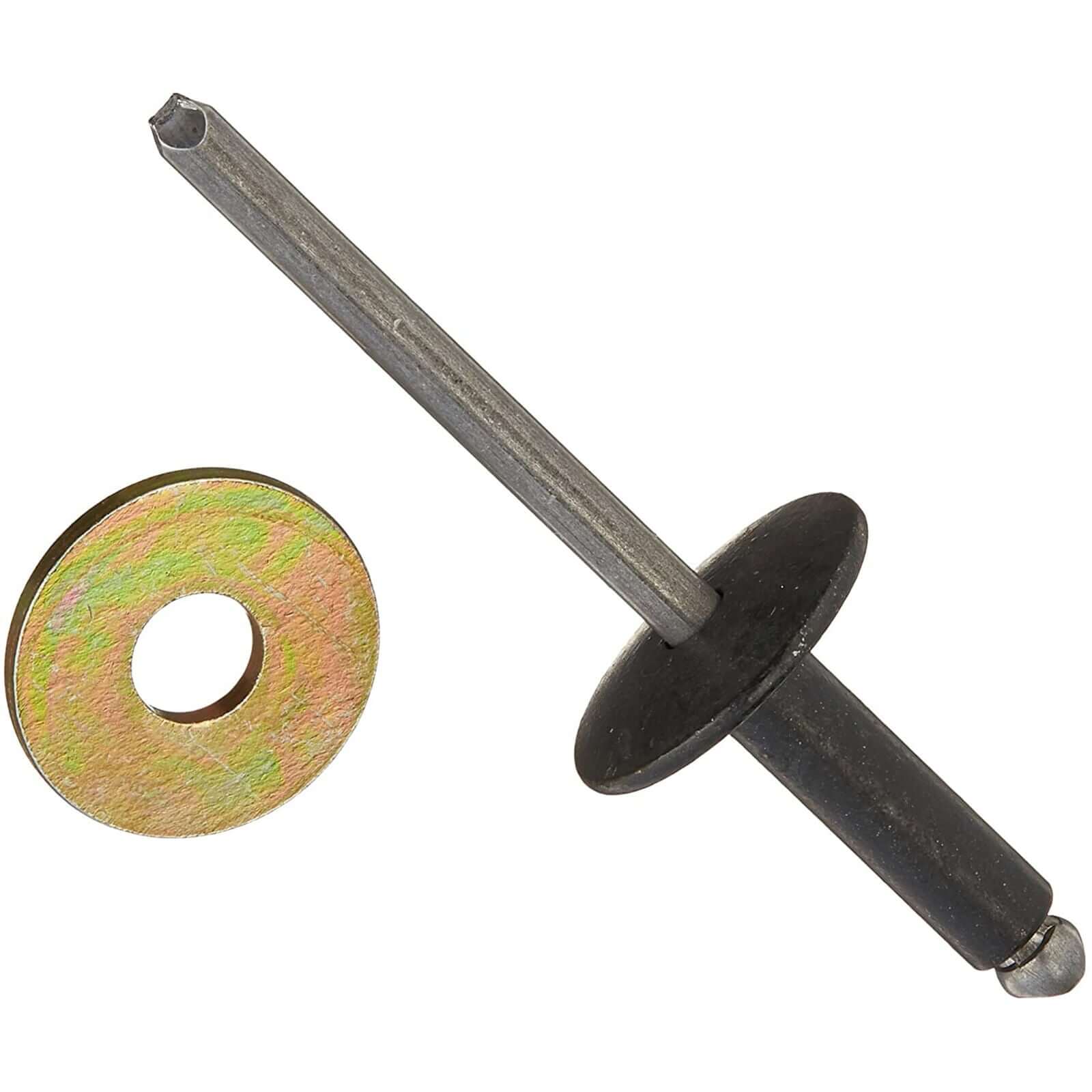 A metal skid plate fastener with a washer and a hex key for installation.