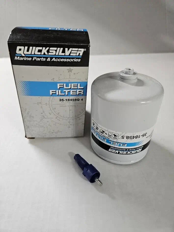 Quicksilver fuel filter with packaging on a white background