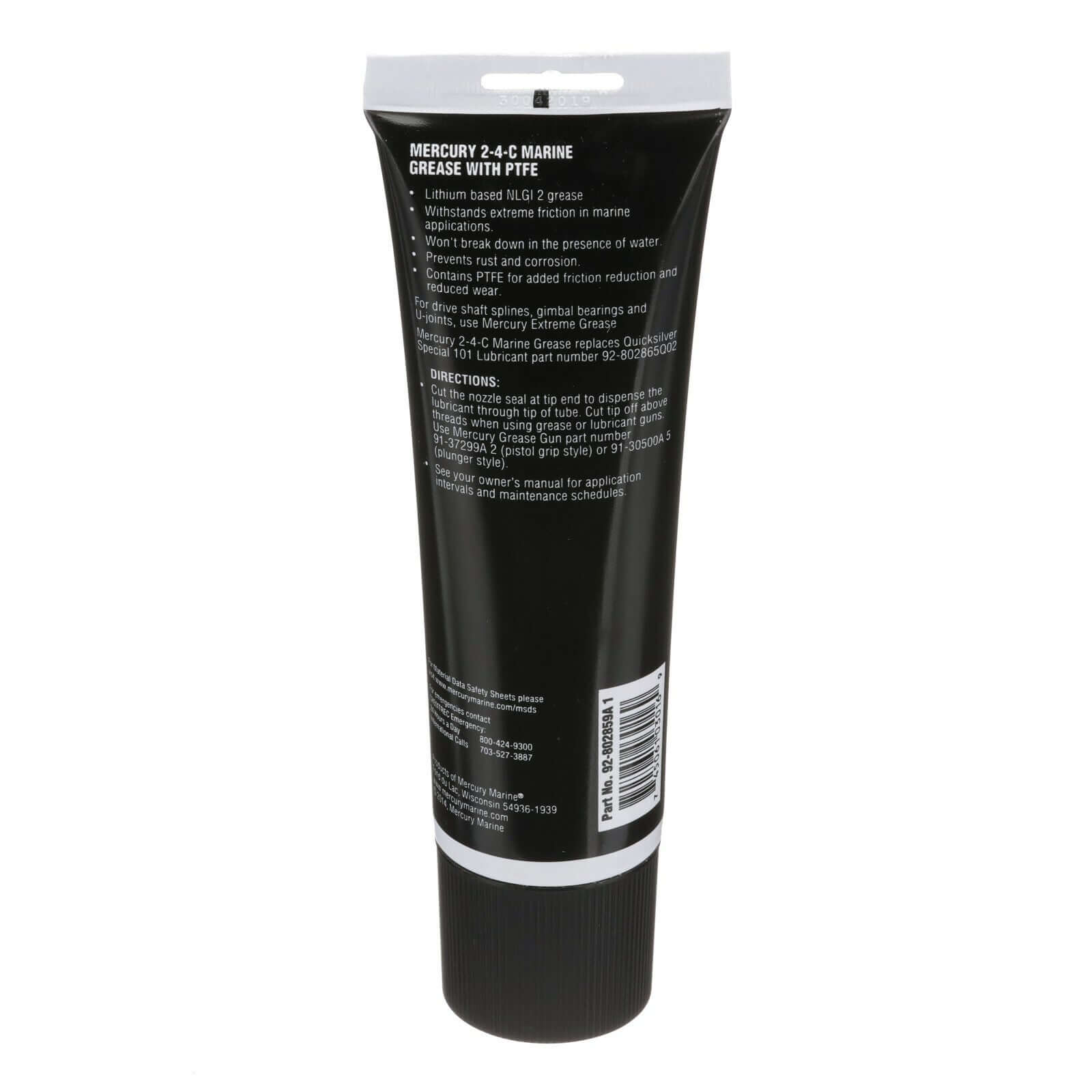 Black tube of Mercury Marine grease with white label on a white background