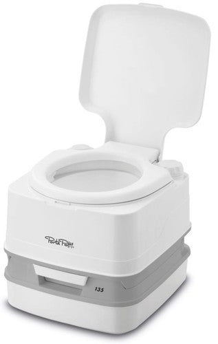 Thetford Porta Potti 135 portable toilet with open lid, white and gray, hold down kit