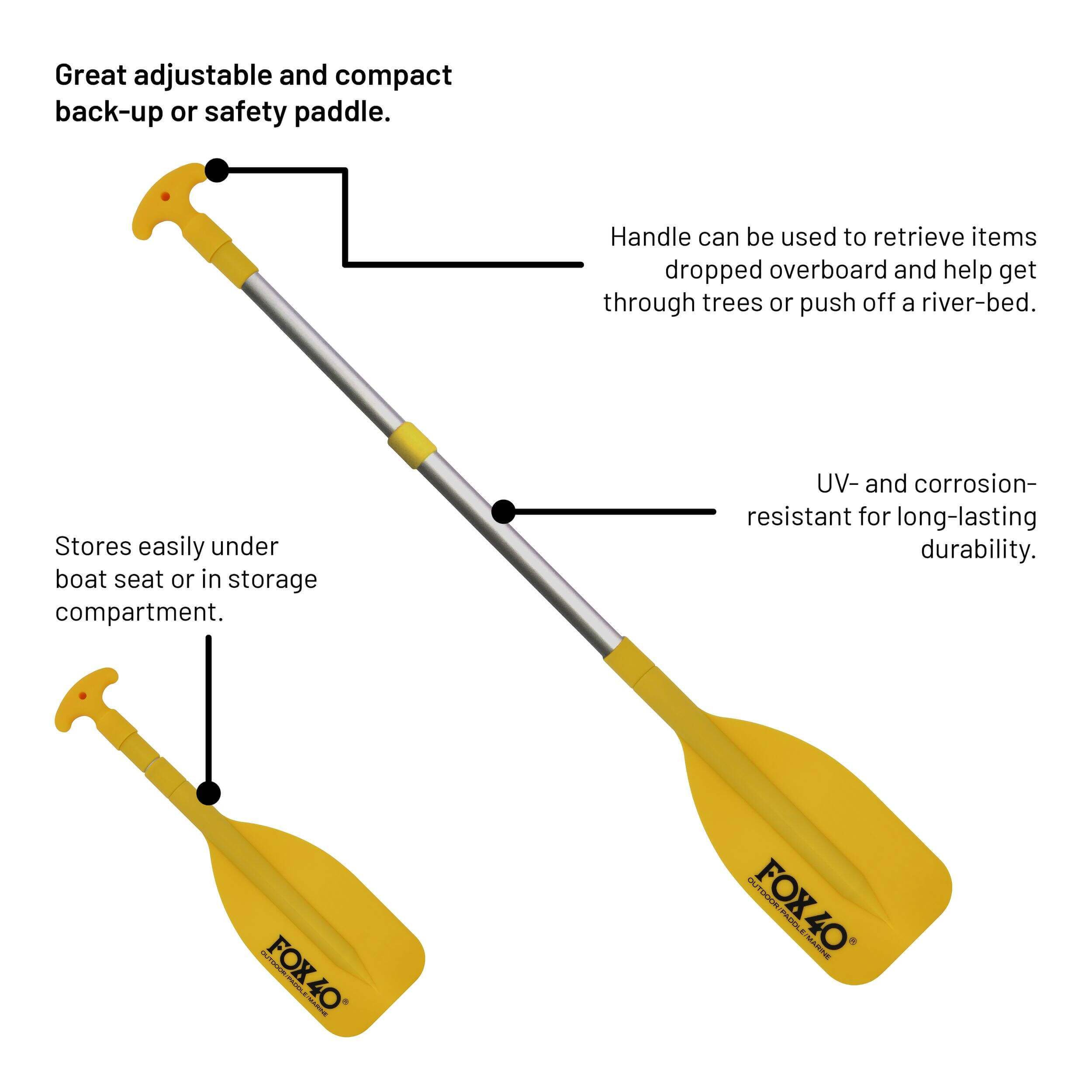 FOX-40 Adjustable Telescopic Mini Paddle with Hook, Yellow, 21" to 42"