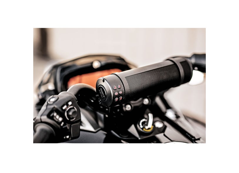 Can-Am motorcycle handlebar with MTX Bluetooth soundbar speaker mounted near controls