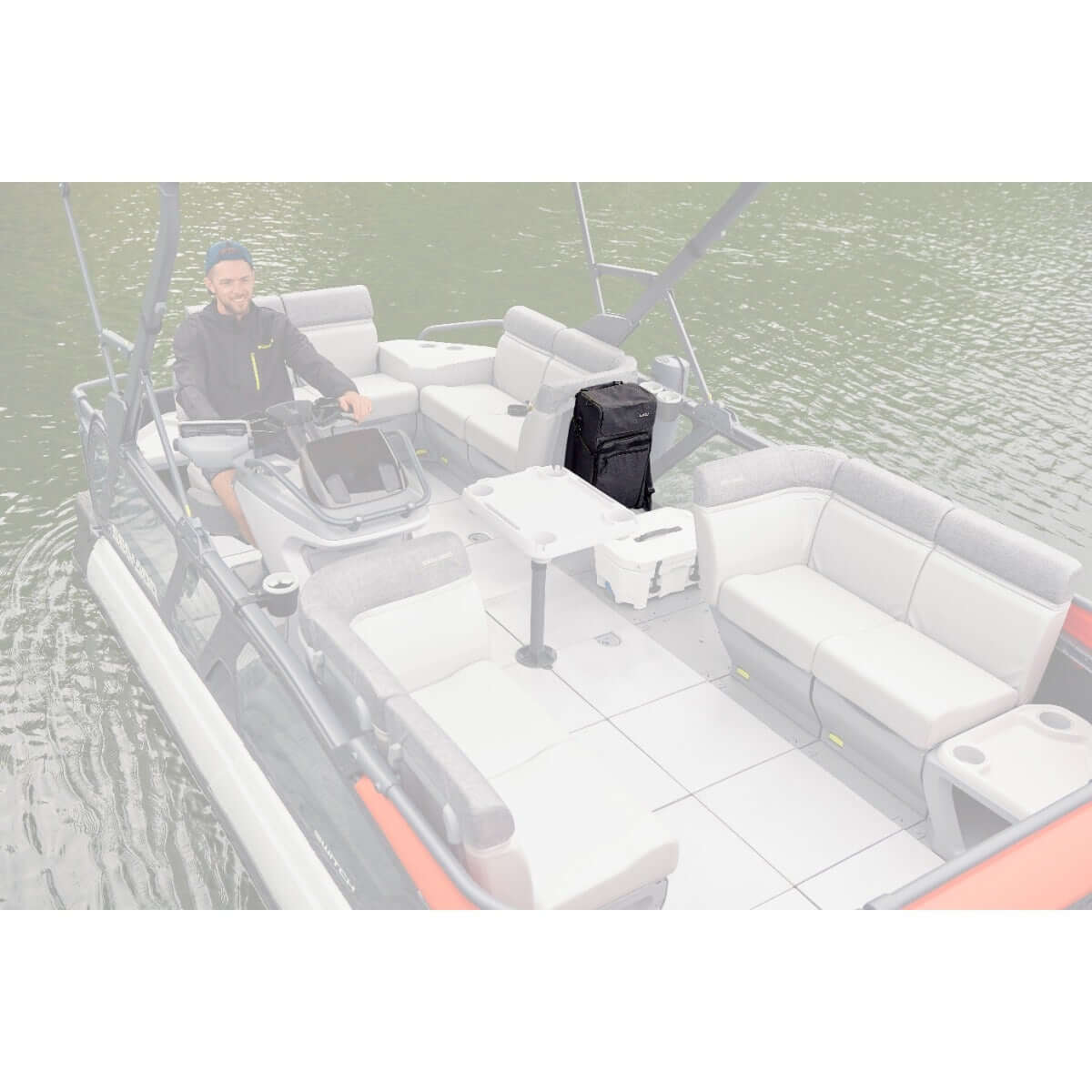 Sea-Doo LinQ Lite canvas storage bag mounted on Switch pontoon boat railing, black weatherproof design