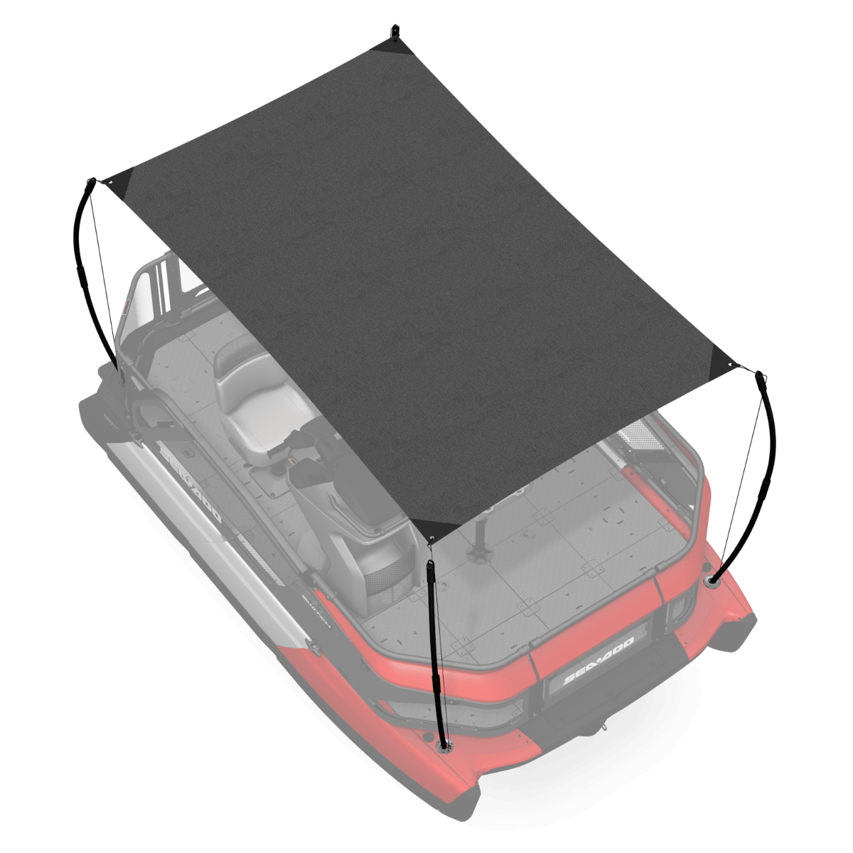 Sea-Doo Switch Compact pontoon sunshade black canvas mounted overhead with straps
