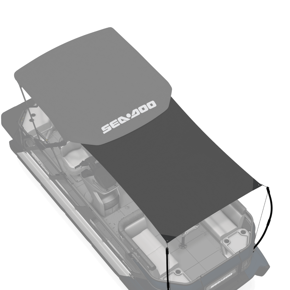 Sea-Doo Switch pontoon sunshade extension for Bimini top 21ft, gray canvas overlay diagram