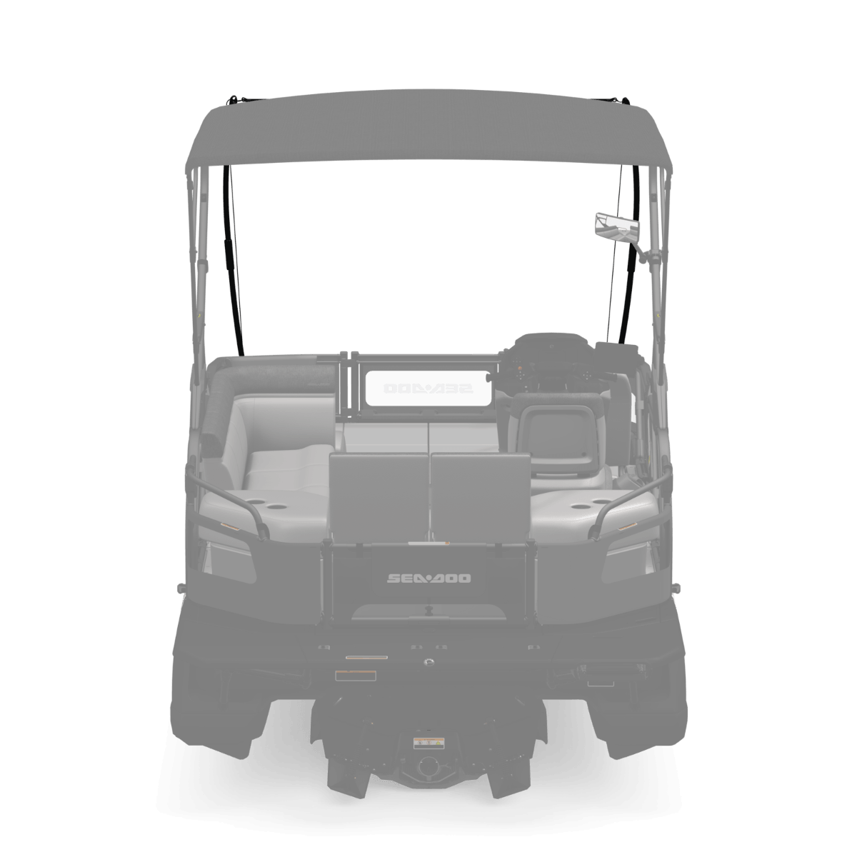 Sea-Doo Switch pontoon rear view showing Bimini top sunshade extension mounting position