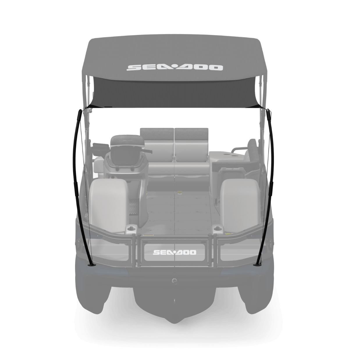 Sea-Doo Switch pontoon Bimini top sunshade extension shown mounted on 18ft boat frame