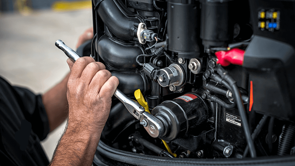Person working on a black engine with tools