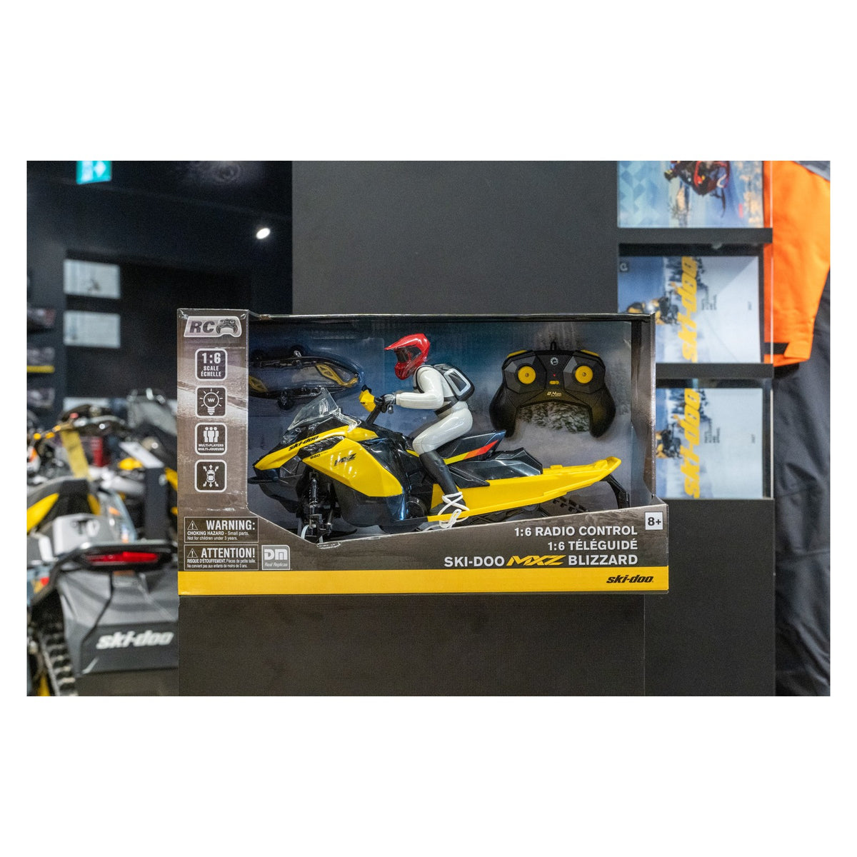 Ski-Doo MXZ Blizzard 1:6 scale RC toy snowmobile with rider figure in retail box, B107590010