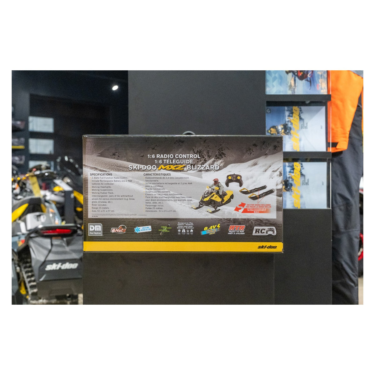 Ski-Doo MXZ Blizzard 1:6 RC toy snowmobile box packaging with specifications, showroom display, B107590010