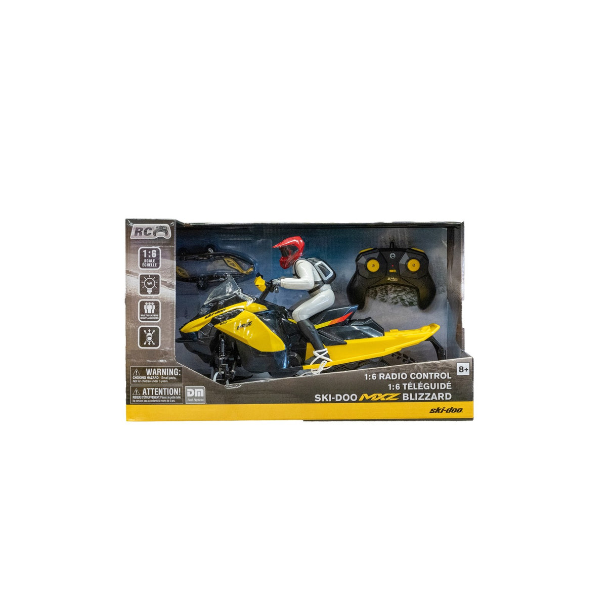 Ski-Doo MXZ Blizzard 1:6 scale RC toy snowmobile with rider figure and remote control in packaging, B107590010