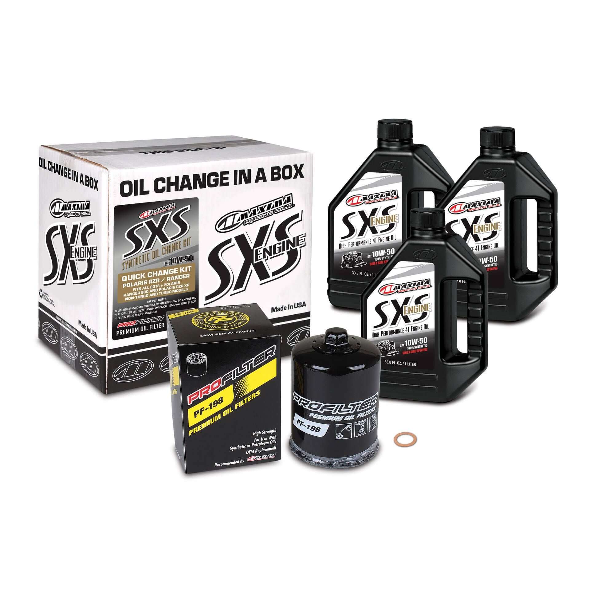 Oil change kit with bottles, filter, and packaging on a white background