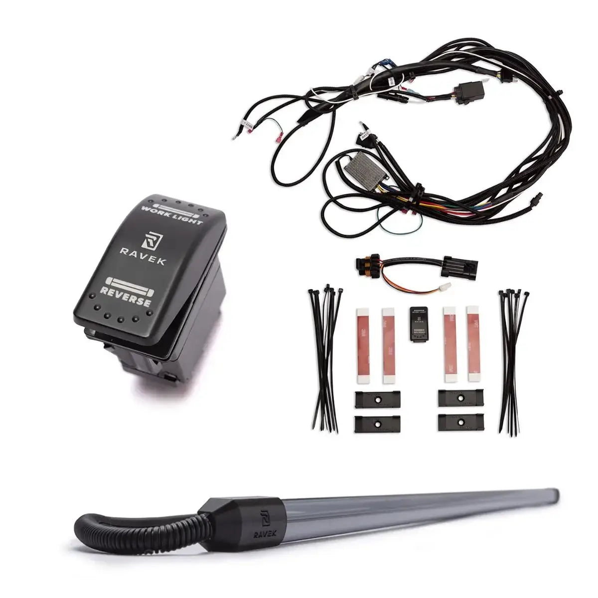 Ravek SXS light kit with control box, wiring harness, and additional components on a white background