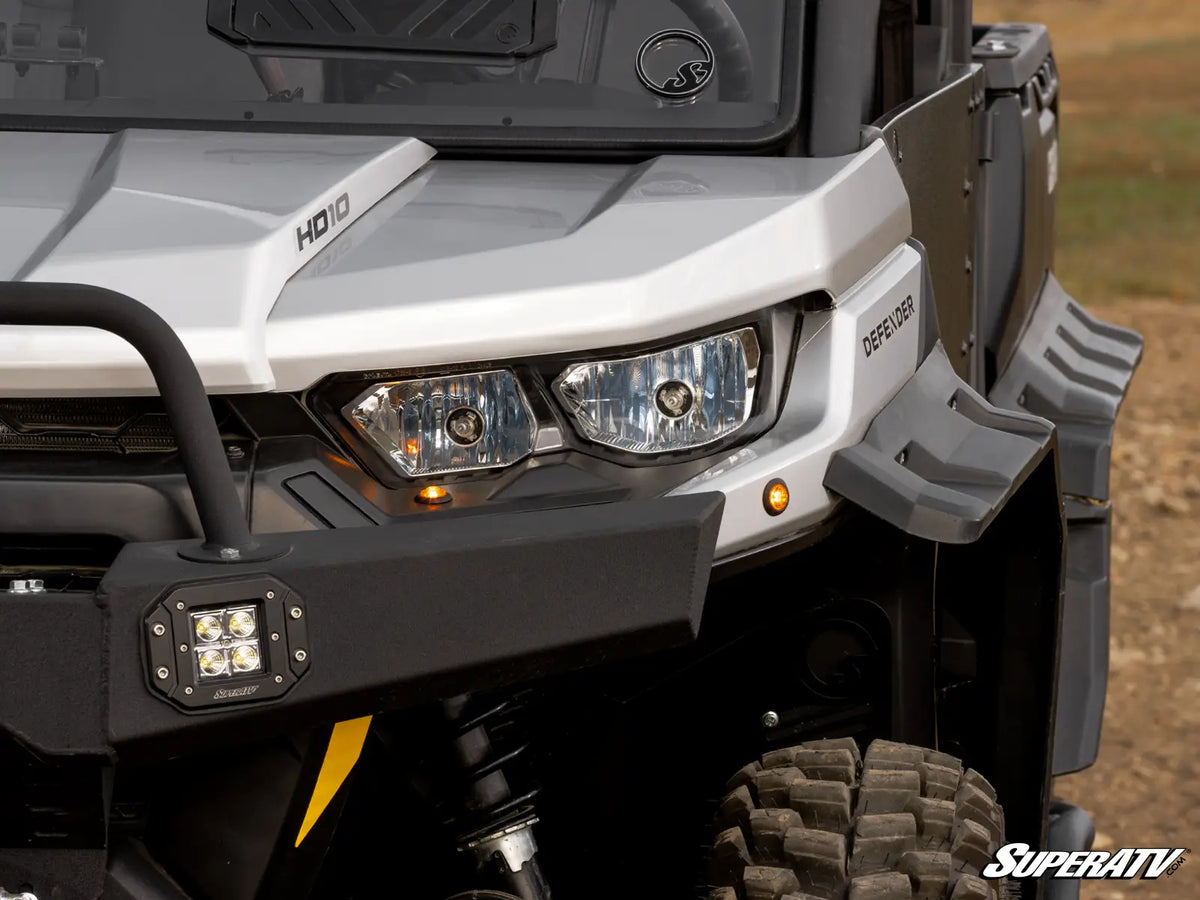 SuperATV Can-Am Defender MAX Deluxe Self-Canceling Turn Signal Kit, front amber LED signals installed, TSK-CA-DEF4-008