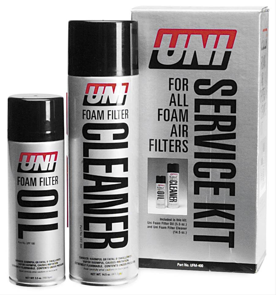 UNI foam filter oil and cleaner with packaging on a white background