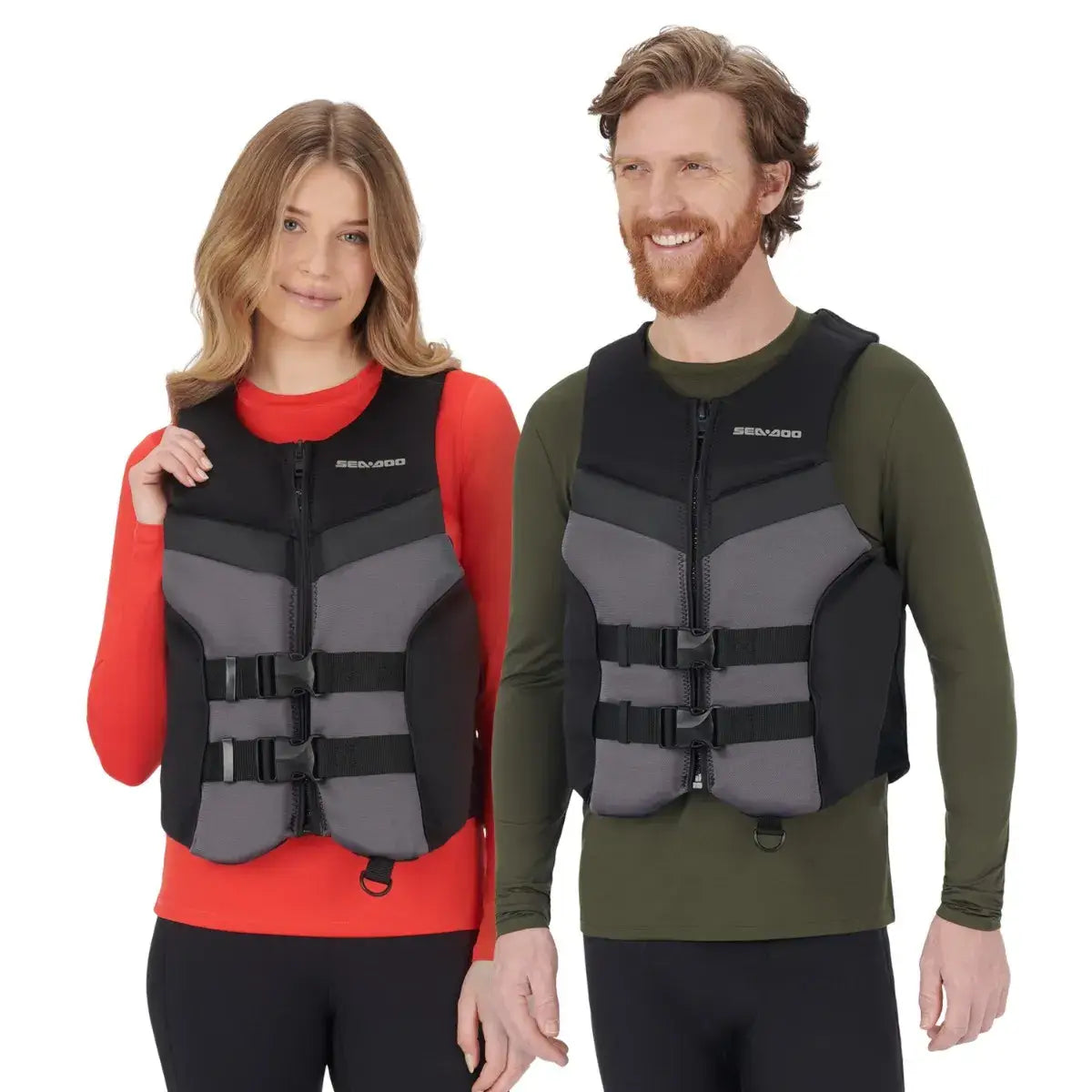 A person wearing a black and gray Sea-Doo Airflow PFD life jacket.