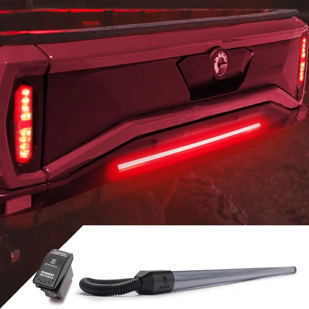 Red truck bed with LED light bar and control unit on a white background