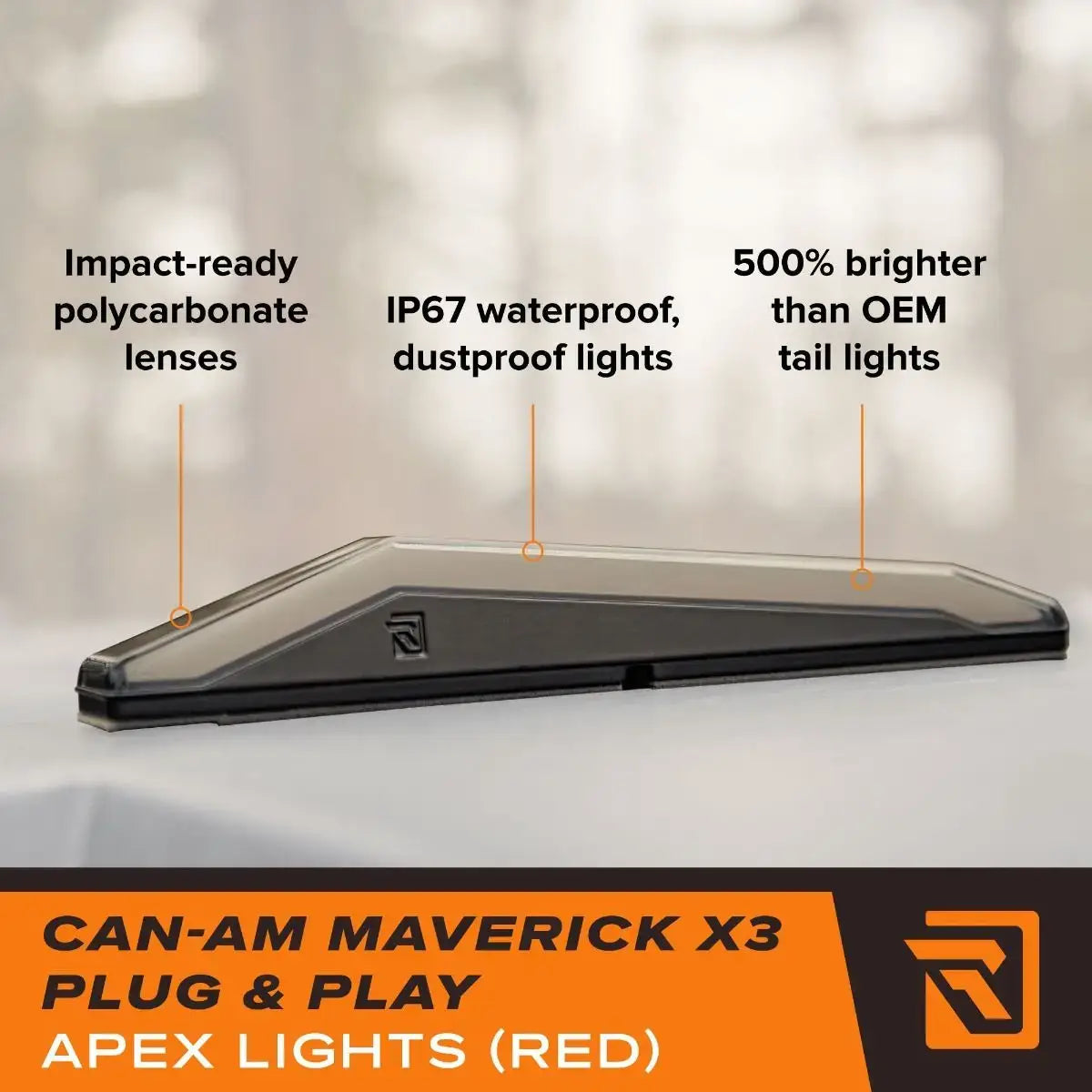 Can-Am Maverick X3 plug & play Apex lights with features highlighted on a blurred background